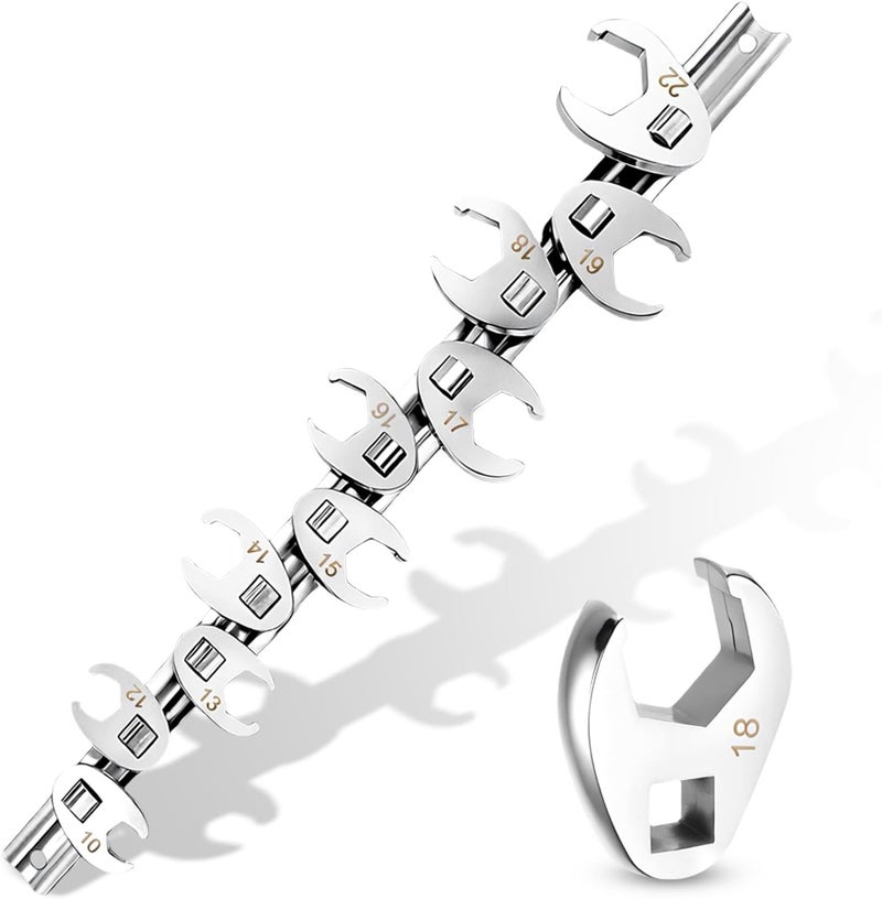 DikTalk 3/8" Drive Metric Crow foot Wrench Set 10-Piece 10-22mm, CR-V Steel Flare Nut Design, for Automotive & Plumbing Tight Spaces Access with Clip-On Organizer - Image 1